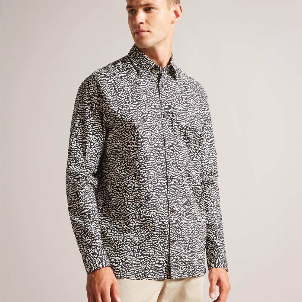 Ted Baker Mens Medium Size 3 Bramley Button Down Shirt Black Abstract Cotton